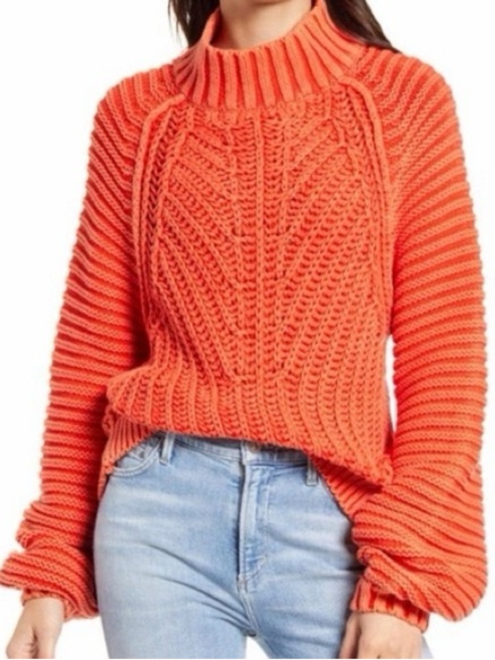 Free People Sweetheart Sweater in Coral Orange 100% Cotton Chunky Knit Boho Sm